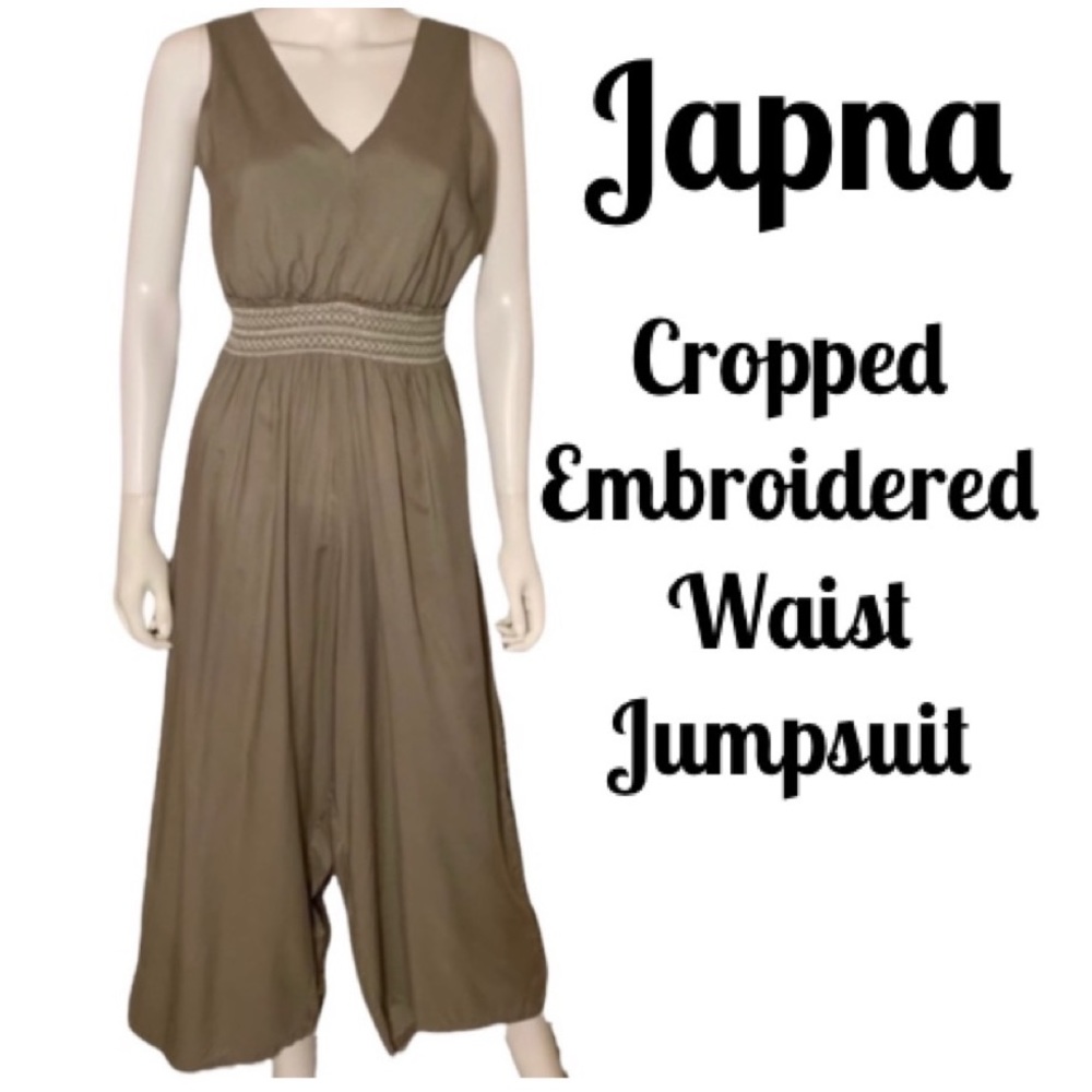 Wide Leg Jumpsuit Sleeveless Embroidered Ruched Waist Olive Green Cropped Pants